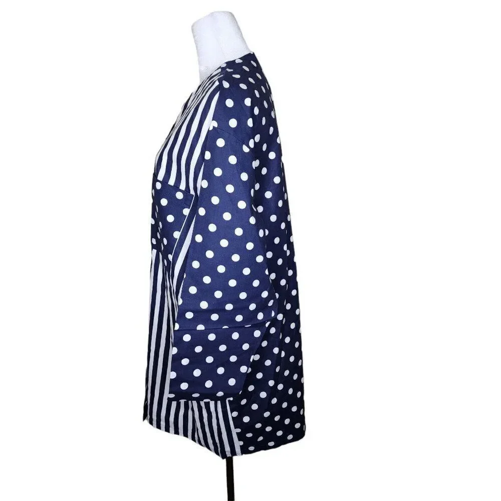Vintage 80s Catalina Cabana Cover Up Tunic Top Women Size M Blue Polka Dot Strip